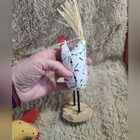 Colorful Chicken Figurine Set, Shelf Sitter, Navajo Signed Wood Chicken, Dept 56 - Picture 12 of 13